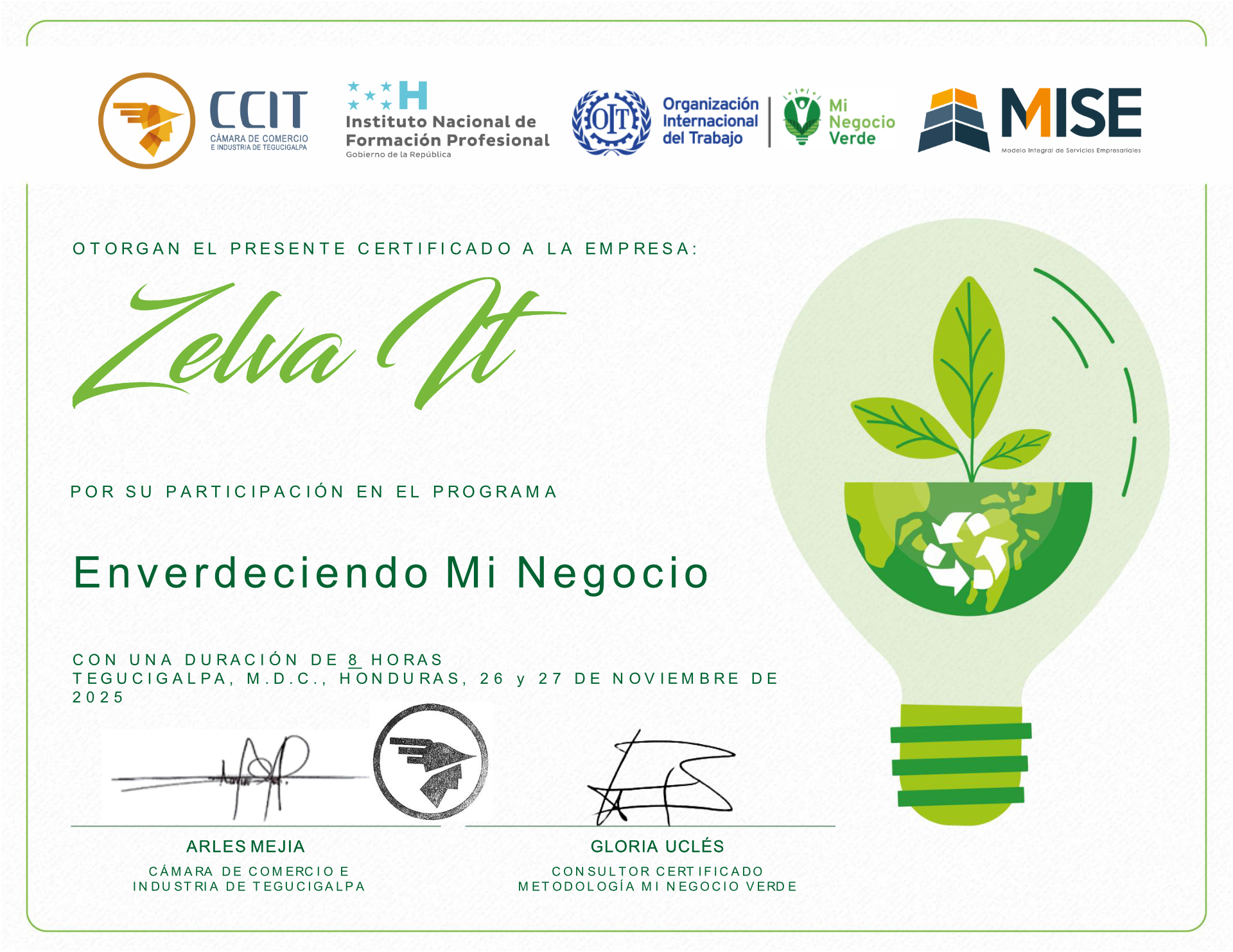Certificado Enverdeciendo Mi Negocio